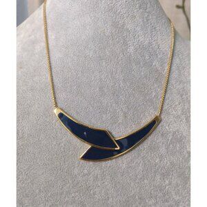 Vintage Monet Enamel Gold Tone Necklace Navy Signed Statement Estate